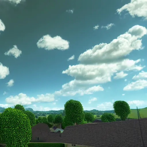 Image similar to green hill with fake clouds and fake sun, cloned houses, day, 8k, realistic, high details, volumetric light