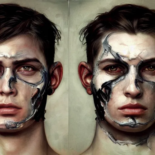 Prompt: portrait painting of young man with severe burn scars on his face and poorly cut short hair with a severe expression wearing tattered leather armor, ultra realistic, concept art, intricate details, eerie, highly detailed, photorealistic, octane render, 8 k, unreal engine. art by artgerm and greg rutkowski and charlie bowater and magali villeneuve and alphonse mucha