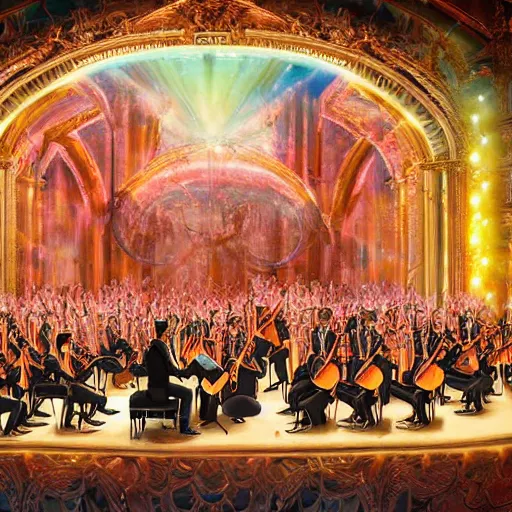 Prompt: stunning painting of the classical concert,musical,chef and his orchestra, excited people, highly detailed, sharp focus, colorful visual effects, secret subliminal message of the peace by futuristic concept art, awarded, masterpiece, unreal engine 5, 8K HD Resolution, High quality image