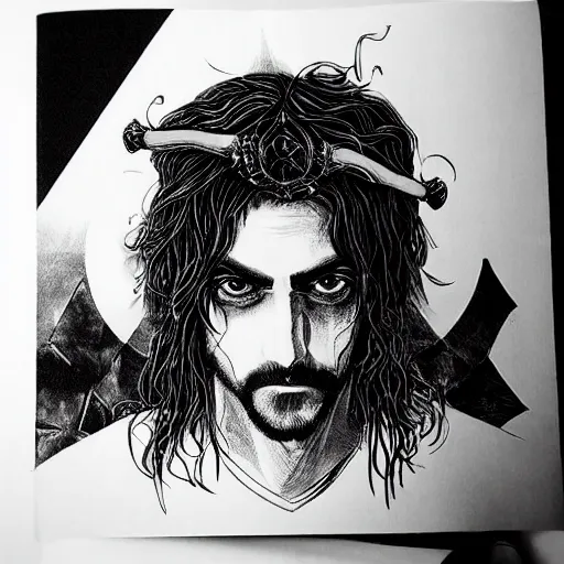 Image similar to black and white pen and ink!!!! aesthetic instagram artstation trending royal! nordic goetic Raiden x Frank Zappa golden!!!! Vagabond!!!! floating magic swordsman!!!! glides through a beautiful!!!!!!! floral!! battlefield dramatic esoteric!!!!!! pen and ink!!!!! illustrated in high detail!!!!!!!! by Junji Ito and Hiroya Oku!!!!!!!!! graphic novel published on 2049 award winning!!!! full body portrait!!!!! action exposition manga panel black and white Shonen Jump issue by David Lynch eraserhead and Frank Miller beautiful line art Hirohiko Araki