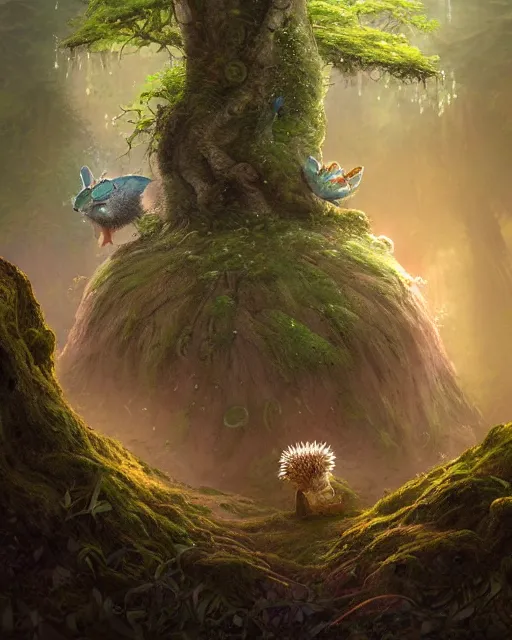 Image similar to Hedgehog druid, gaia, nature, fairy, forest background, magic the gathering artwork, D&D, fantasy, cinematic lighting, centered, symmetrical, highly detailed, digital painting, artstation, concept art, smooth, sharp focus, illustration, volumetric lighting, epic Composition, 8k, art by Akihiko Yoshida and Greg Rutkowski and Craig Mullins, oil painting, cgsociety