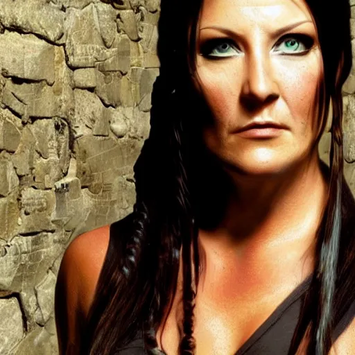 Image similar to Floor Jansen as Lara Croft highly detailed headshot Portrait.