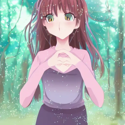 Prompt: photo of an adorable anime girl with long brown hair, looking partly to the left, blue shining eyes, light makeup, light pink lipstick, bokeh forest background, 4k, highly detailed, cel-shaded, anime art style, cartoon