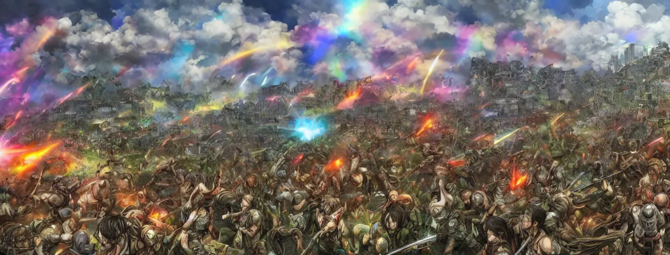 Prompt: a zoomed out panoramic view an army of rainbow soul army calvary screaming into the battlefield. hyperrealistic anime background illustration by kim jung gi, attack on titan, colorful, extremely detailed intricate linework, smooth, super sharp focus, bright colors, high contrast, matte, octopath traveler, unreal engine 5 highly rendered, global illumination, radiant light