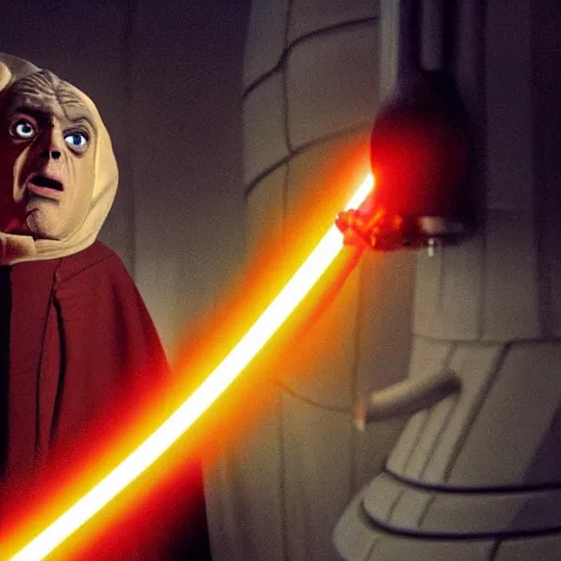 Image similar to mr. bean as darth sidious in star wars, film still, cinematic lighting, detailed