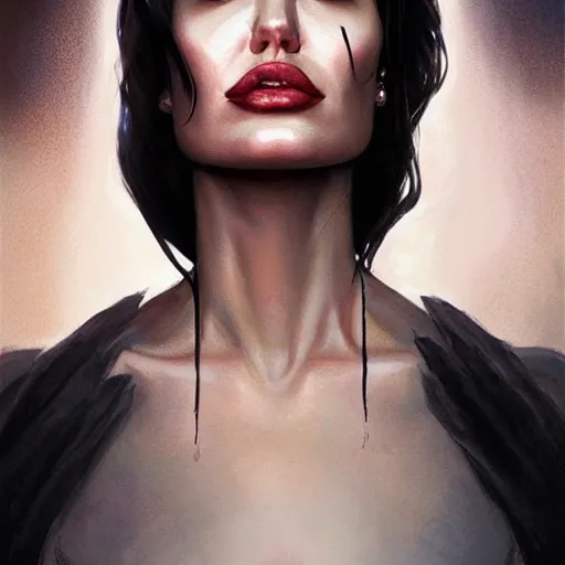 Image similar to Angelina Jolie as Lucifer Morningstar, highly detailed, digital painting, artstation, concept art, smooth, sharp focus, illustration, ArtStation, art by Katsuhiro Otomo and Tom Bagshaw