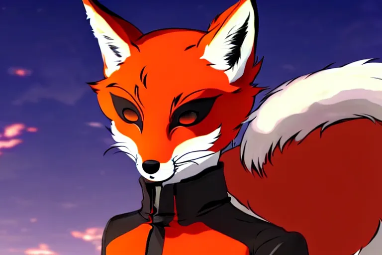 Image similar to a furry tan male fox on a persona 5 : royal ( by atlus ) video game splash screen, a furry male sandcolored tan fox fursona ( has hair ), persona 5 phantom thief style