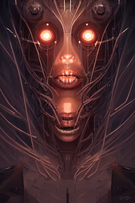 Prompt: professional concept art symmetrical portrait of a horror mechanical nightmare species in a dark room by artgerm and greg rutkowski. an intricate, elegant, highly detailed digital painting, abstraction, concept art, smooth, sharp focus, illustration, in the style of cam sykes.