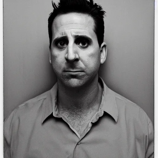 Prompt: Michael Scott as a prison inmate, 4K, Pentax K1000, Expired Burned Film from 1930s, Softbox Lighting, 85mm Lens