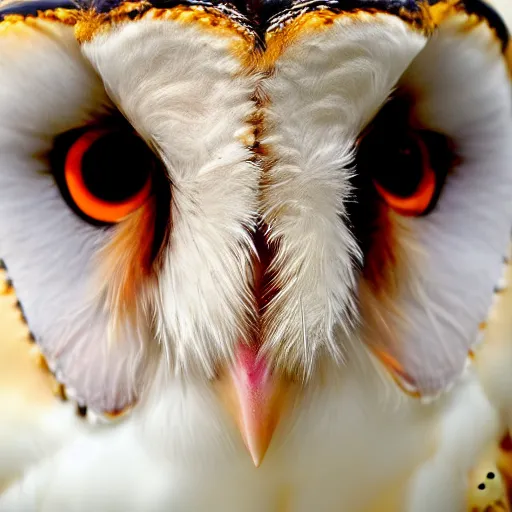 Image similar to a close up portrait of a barn owl's face altered by sickness