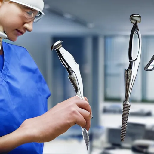 Prompt: orthopedic instrument maker at work, very photorealistic, professional photography