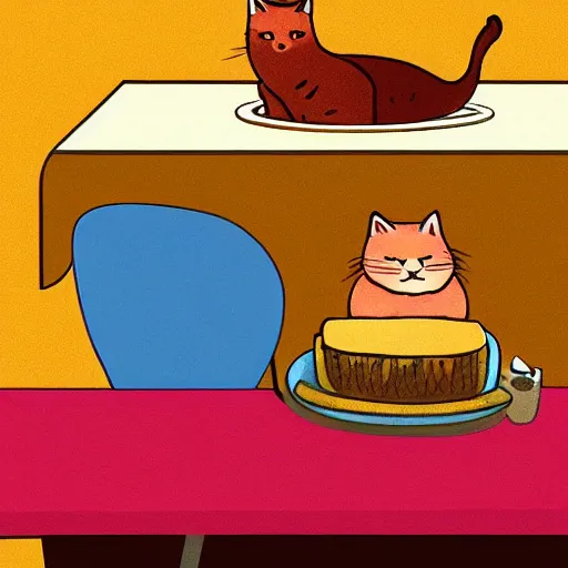 Image similar to fat orange cat on a table with lasagna new yorker illustration