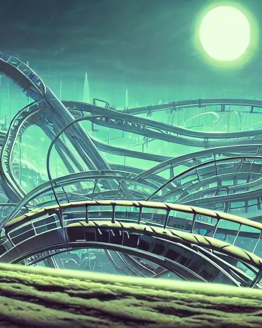 Prompt: simplicity, a roller coaster made out of weird organic creatures, in the style of a streamlined asymmetrical spaceship, bleak apocalyptic environment, by dan mumford, yusuke murata, makoto shinkai, ross tran, cinematic, unreal engine, cel shaded, featured on artstation, pixiv