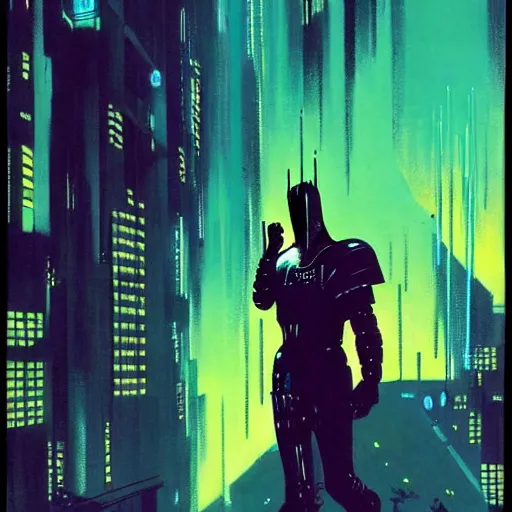 Prompt: cyberpunk knight, by jack gaughan, wide angled view, epic pose, pulp, sci - fi, atmospheric lighting, painted, intricate, ultra detailed