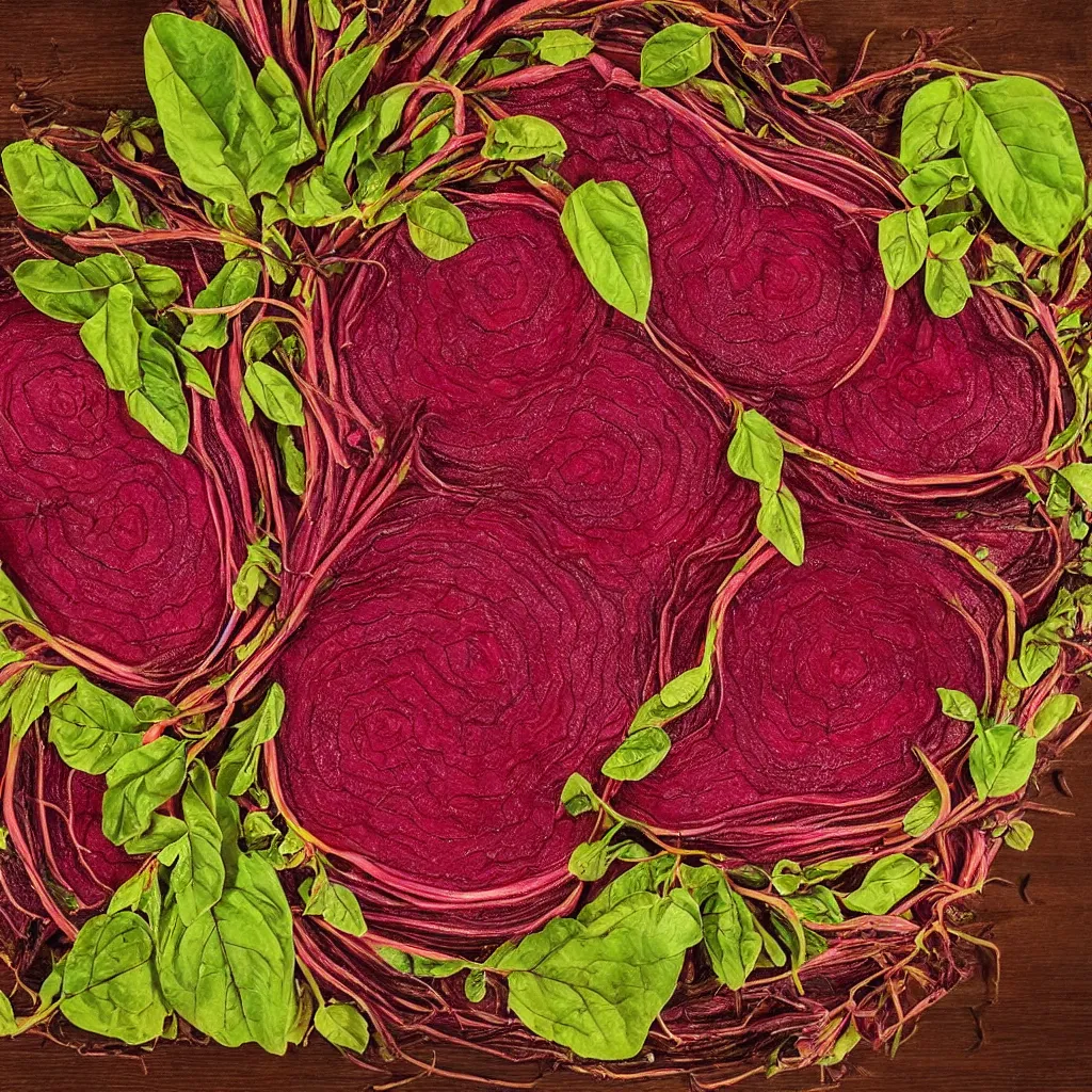 Prompt: large spiral of giant cut beetroots, with embroidered leaves and fractal roots, over vivid dark wood table, food photography. super detailed. masterpiece