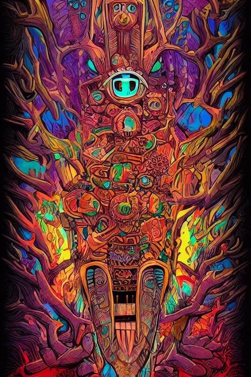 Image similar to totem animal tribal chaman vodoo mask feather gemstone plant wood rock video game illustration vivid color borderlands by josan gonzales and dan mumford radiating a glowing aura