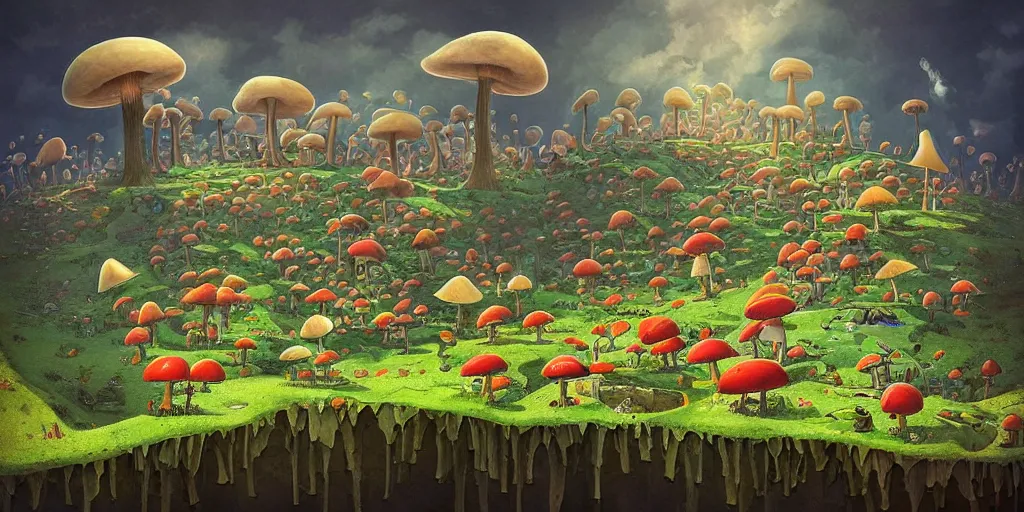 Image similar to surreal mushroom kingdom, floating island in the sky, waterpipes in the ground, summer morning, very coherent and colorful high contrast, art by!!!! gediminas pranckevicius!!!!, geof darrow, dark shadows, hard lighting