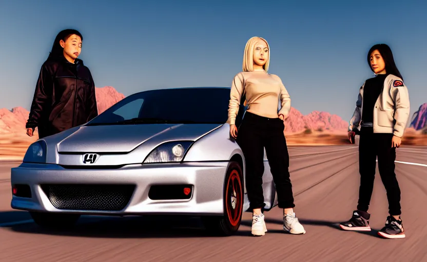 Image similar to photograph of a cell-shaded Honda EK9 Type-R with a techwear woman , on a desert road with a futuristic city in the horizon, one point perspective, 1-point perspective, tilt shift, sigma 85mm f/1.4, 4k, depth of field, high resolution, 4k, 8k, hd, full color