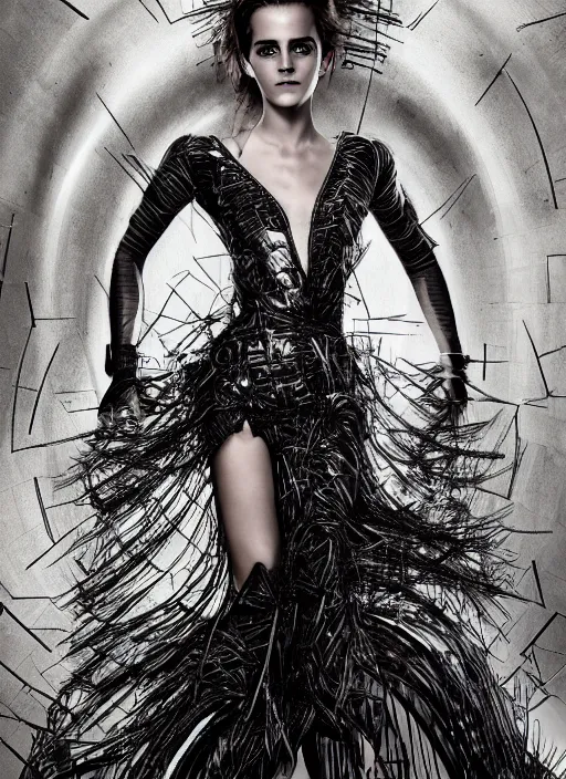 Image similar to expressive full body photo of emma watson, dress made of steel blades, glamour shot, by karol bak, stefan gesell, photorealistic, nikon d 4 x, fashion photography, hyper maximalist, elegant, ornate, luxury, elite, environmental portrait, symmetrical features, octane render, unreal engine, solid dark grey background, dramatic lights