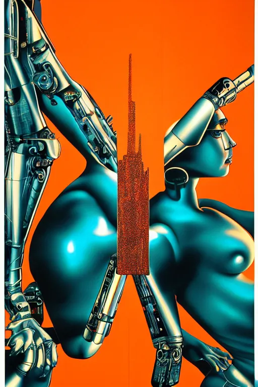 Image similar to cyborg art by Hajime Sorayama and Artemisia Gentileschi, centered, symmetrical, led, teal and orange, bilateral symmetry, third person, 70s poster, blade runner, kubrik, 2D matte illustration