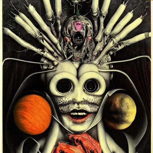 Image similar to post - punk new age pop album cover, asymmetrical design, alien, magic, apocalypse, psychedelic, highly detailed, black white pink, magic, giger h. r., giuseppe arcimboldo