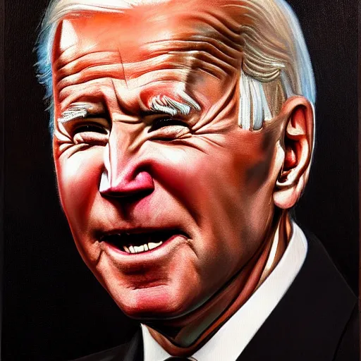 Prompt: Highly detailed close-up painting of President Joe Biden’s face, slight smirk, single tear rolling down his cheek, dark background, reflection of fire in his eyes, oil on canvas, painting by Chuck Close in the style of Hans Memling