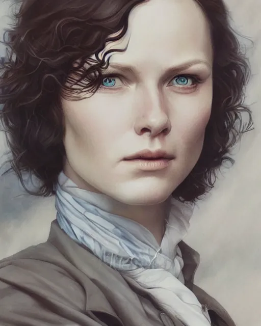Prompt: in the style of joshua middleton, artgerm, scene from jamie and claire outlander, detailed realisitc eyes, detailed realistic eyes, detailed and intricate