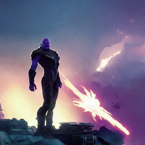 Image similar to portrait of Thanos standing on a tank in a post apocalyptic battlefield at sunrise, action pose, dramatic lighting, high contrast, cosmic horror, abstract, masterpiece, trending on ArtStation, by Moebius, blizzard concept artists, Greg Rutkovski and by Craig Mullins and by Ismail Inceoglu, backlight, rim lighting, god rays, lens flare, james cameron, cinematic, film still-H 704