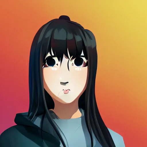 Image similar to portrait of a beautiful korean girl with very long hair and bangs, angular features, angry expression, wearing a black hoodie, in the style of studio trigger, extremely clean lines, anime and manga style, anime concept art