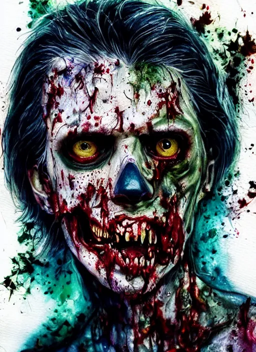 Prompt: zombie hollywood professional acting headshot, david dennis, intricate detailed, studio lighting, charming expression gesicht, hauntingly beautiful zombie, watercolor art, drawn and painted, colored layers, dulled contrast, exquisite fine art, splatterpaint