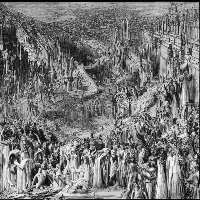 Prompt: artwork by Franklin Booth and Gustav Doré showing the fall of the city of Babylon