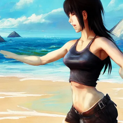 Prompt: Tifa standing at a beach, fullbody, character design by charles bowater, greg rutkowski, ross tran,hyperdetailed,hyperrealistic,4k,deviantart,artstation,professional photography, concept art, digital art