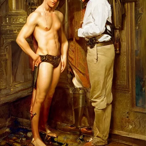 Image similar to attractive male, arthur pendragon who has blond hair confesses his love to attractive male, merlin who has dark hair. highly detailed painting by gaston bussiere, craig mullins, j. c. leyendecker 8 k