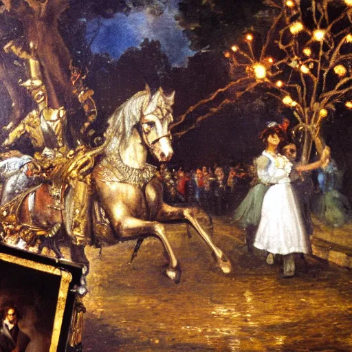 Image similar to highly detailed oil painting in the style of Delacroix of an early 20th century French writer exiting from a fantastical time machine made of polished gold metal and covered in flashing lights and monitors that has just appeared in the Luxembourg Gardens, Paris, 1973