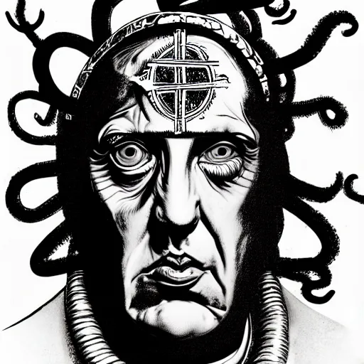 Image similar to graphic illustration, creative design, the pope as medusa, biopunk, francis bacon, highly detailed, hunter s thompson, concept art