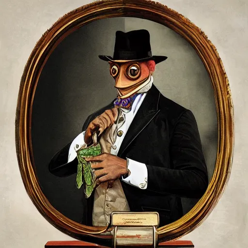 Image similar to anthropomorphic gentleman frog wearing a cravat and hand watches portrait in the museum, highly detailed, sharp focus, digital painting, artwork by Victor Adame Minguez + Yuumei + Tom Lovell + Sandro Botticelli