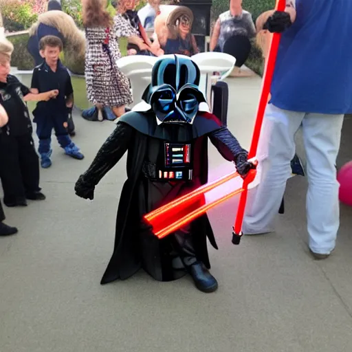 Prompt: Dart Vader with his lightsaber at a childrens birthday party