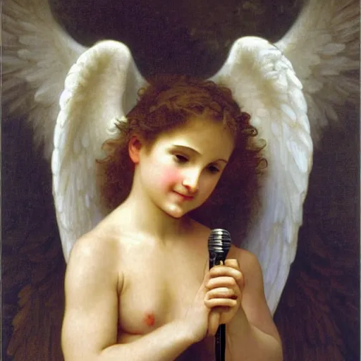 Prompt: a heavenly oil painting of an angel singing holding a microphone on one hand, by Bouguereau, highly detailed and intricate,