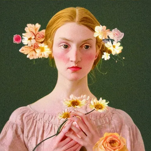 Image similar to a lot of flowers morphing in a beautiful girls face, film still by wes anderson, depicted by balthus, limited color palette, very intricate, art nouveau, highly detailed, lights by hopper, soft pastel colors, minimalist