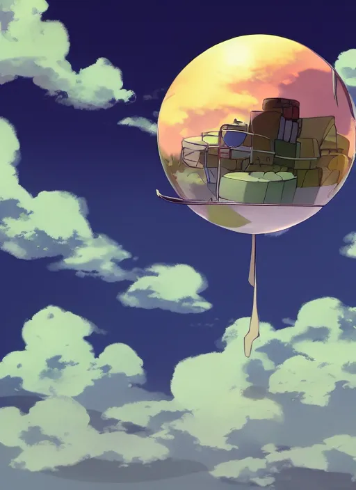 Image similar to an asymmetrical cell - shaded studio ghibli concept art study of a black cube inside a bubble in the sky. wide shot, very dull colors, hd, 4 k, hq