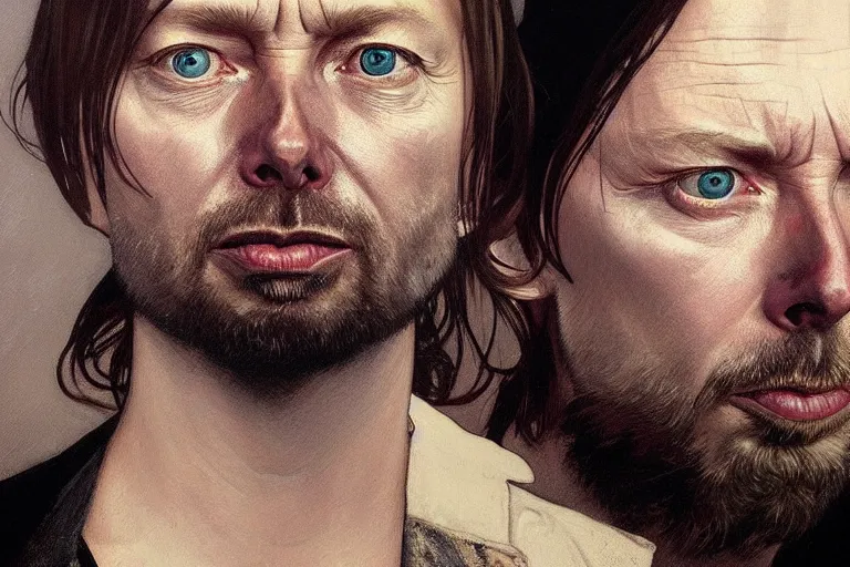 Prompt: hyper realistic portrait of wider face thom yorke on stage, by lee bermejo, alphonse mucha and greg rutkowski