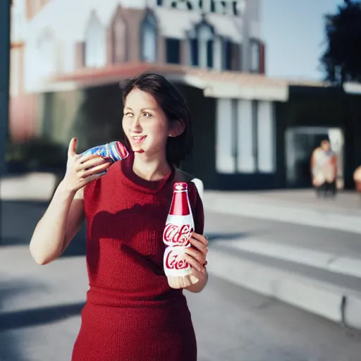 Image similar to a woman, mid-20s holding a bottle of coca-cola