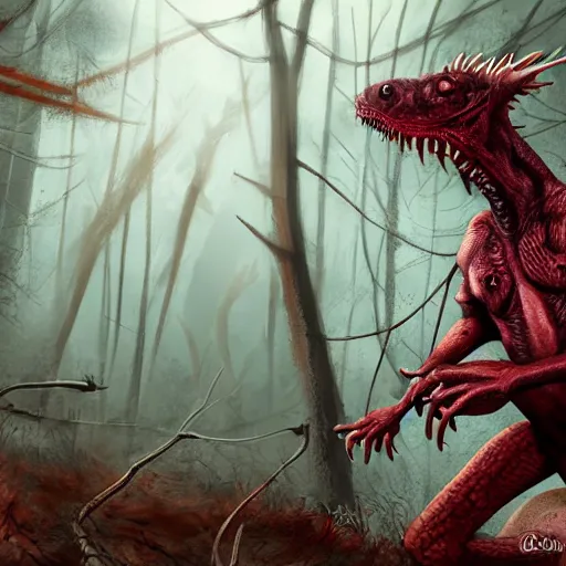 Image similar to big butcher anthropomorphic male lizardfolk posing scarily, scary angry pose, covered in blood, fresh kill, cleaver, in a forest, earie setting, lovecraft, eldritch, horror, hyperdetailed, furaffinity, furry art