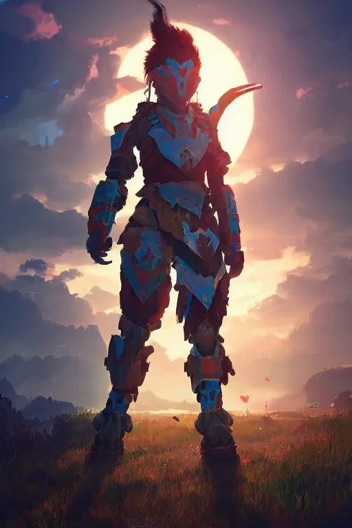 Image similar to combination suit armor aloy horizon forbidden west horizon zero dawn radiating a glowing aura global illumination ray tracing hdr fanart arstation by ian pesty and alena aenami artworks in 4 k tribal robot ninja mask helmet backpack