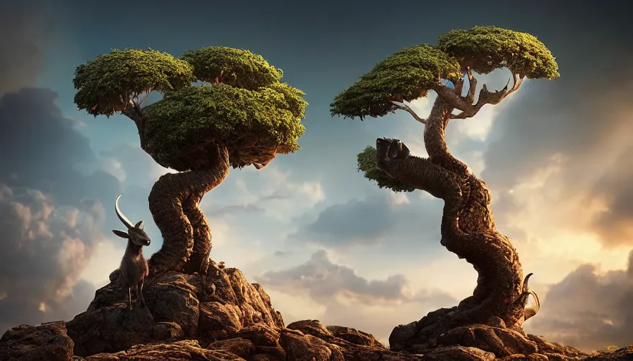 Image similar to very very small robotic goat, sitting on a gigantic dragon tree in socotra island by ilya kuvshinov, rtx rendering, octane render 1 2 8 k, maya, extreme high intricate details by tom bagshaw, medium shot, close up shot, composition by sana takeda, lighting by greg rutkowski