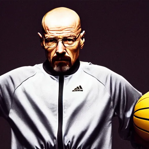 Image similar to walter white wearing adidas track suit and playing basketball