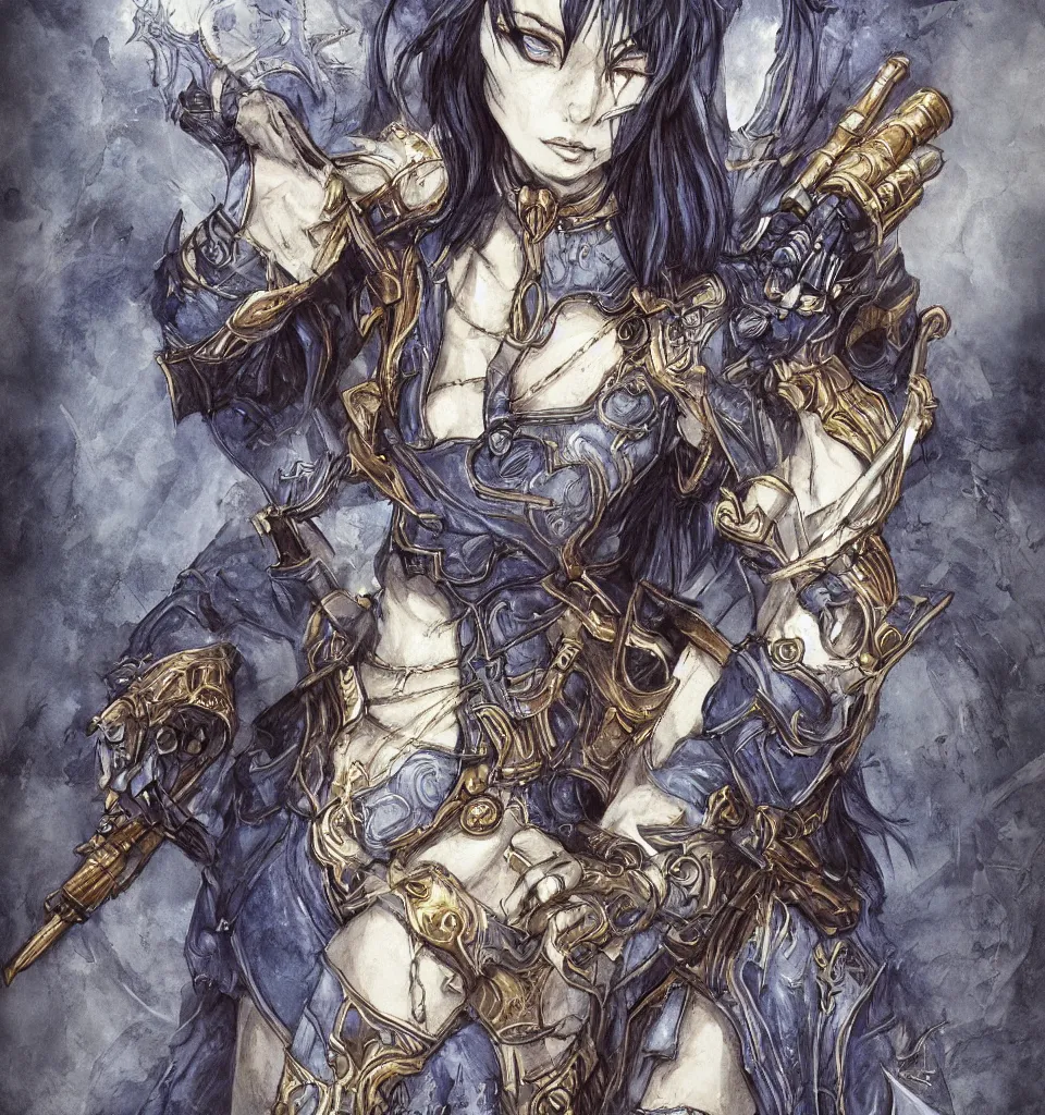 Prompt: tiefling cleric gunslinger holding pistol character art concept ayami kojima style, full body, grey skin, fine detailed, demon tail, blue cleric robe with golden embroidery, final fantasy character art, game character design, game design dark fantasy