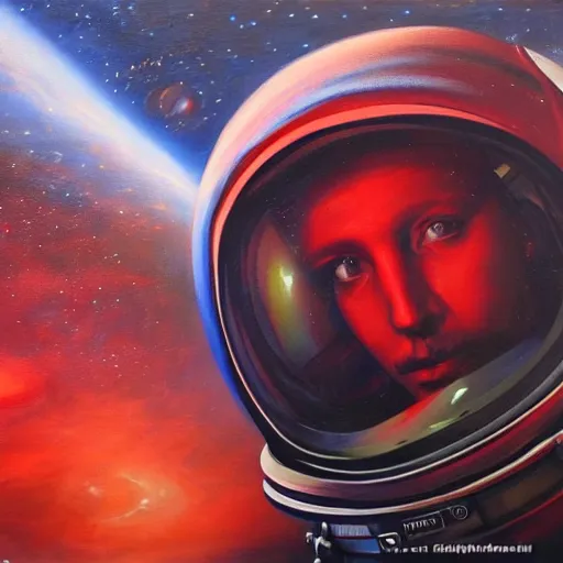 Image similar to among us red astronaut in spaceship painted by zdzisław beksinsk, 4 k, high quality, higly detailed, oil painting