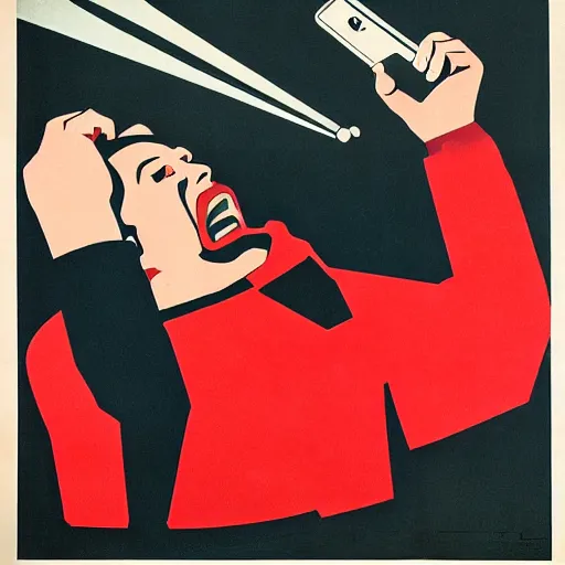 Image similar to soviet era propaganda poster of a man yelling at a smartphone