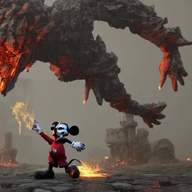 Image similar to mickey mouse reimagined as a boss in dark souls, dark cinematic, volumetric, realistic, cinematic lighting, ray tracing, unreal engine 5, unreal engine render, octane render, hyper realistic, photo, 8 k